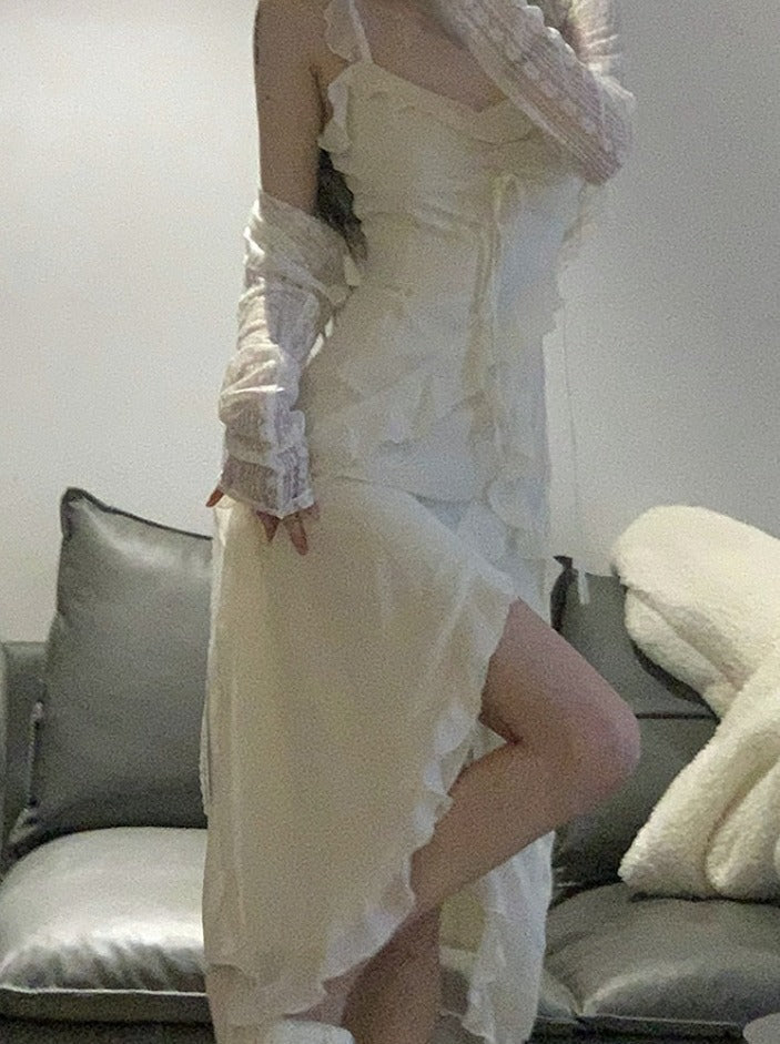 Fairy 2 Piece Dress Set Woman Casual Long Sleeve Crop Tops + Elegant Solid Strap Midi Dress Party Korea Fashion Suit Summer
