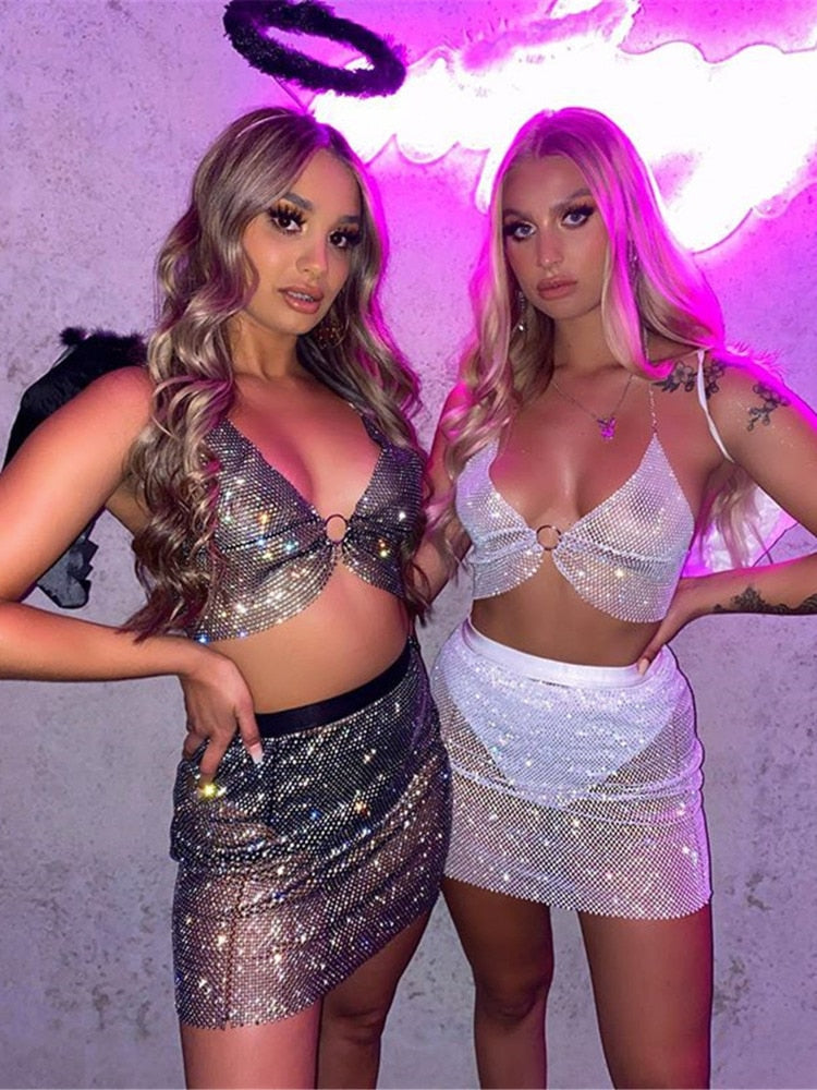 sixsr Sexy Crop Top Women Two Piece Set Festival Beach Club Outfits Party Tank Top T Shirt Woman Halter Rhinestones Tops Summer