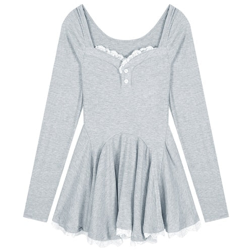Long Sleeve Lace Mini Dress Woman Lolita Kawaii Dress Party Casual Slim Pure Color Elegant Dress Korean Style Female