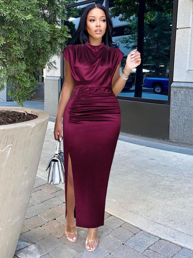 sixsr Women Dress Pleated Long Wine Red Elegant Slit High Collar Slim Fit Sleeveless Maxi Robes Female Shiny Gowns Party  Spring