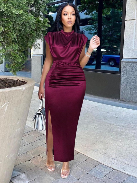 sixsr Women Dress Pleated Long Wine Red Elegant Slit High Collar Slim Fit Sleeveless Maxi Robes Female Shiny Gowns Party  Spring