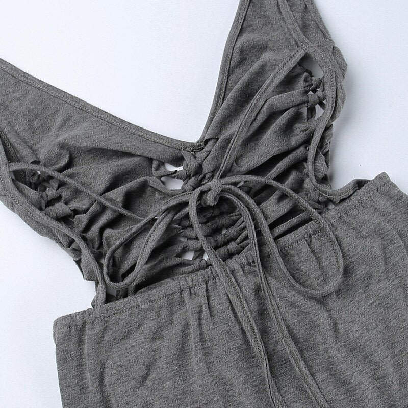 Dark Gray Hollow Out Mini Dress Sexy Drawstring Bandage Backless Summer Dresses for Women Birthday Party Clubwear