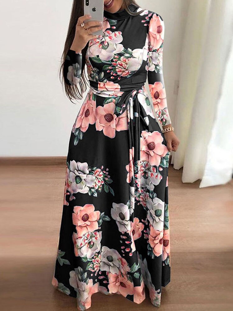 Sixsr Women Summer Long Dress Casual Long Sleeve Boho Floral Print Maxi Dress Turtleneck Bandage Elegant Party Dresses Vestidos
