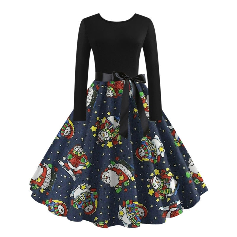 Christmas Halloween Costumes Retro Positioning Print Party Casual Long Sleeve Round Neck Swing Dress