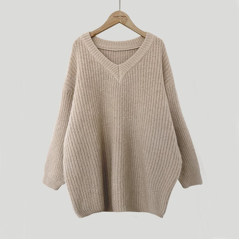 Green Oversized Sweaters for Women Fall Winter Korean Fashion Long Loose Pullovers V Neck Long Sleeve Jumpers