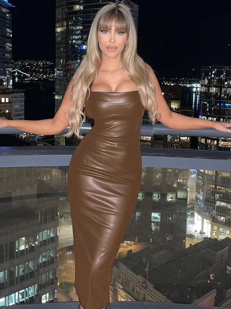 Sleeveless Leather Bodycon Midi Dress Women Summer Sexy Fashion Clothes Elegant Party Evening Nightclub Slim Long Dresses