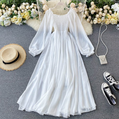 Sixsr New Spring Autumn Dresses for Women Women Elegant Holiday Dresses Puff Sleeve Slash Neck Off Shoulder Smocked White Chiffon Dresses