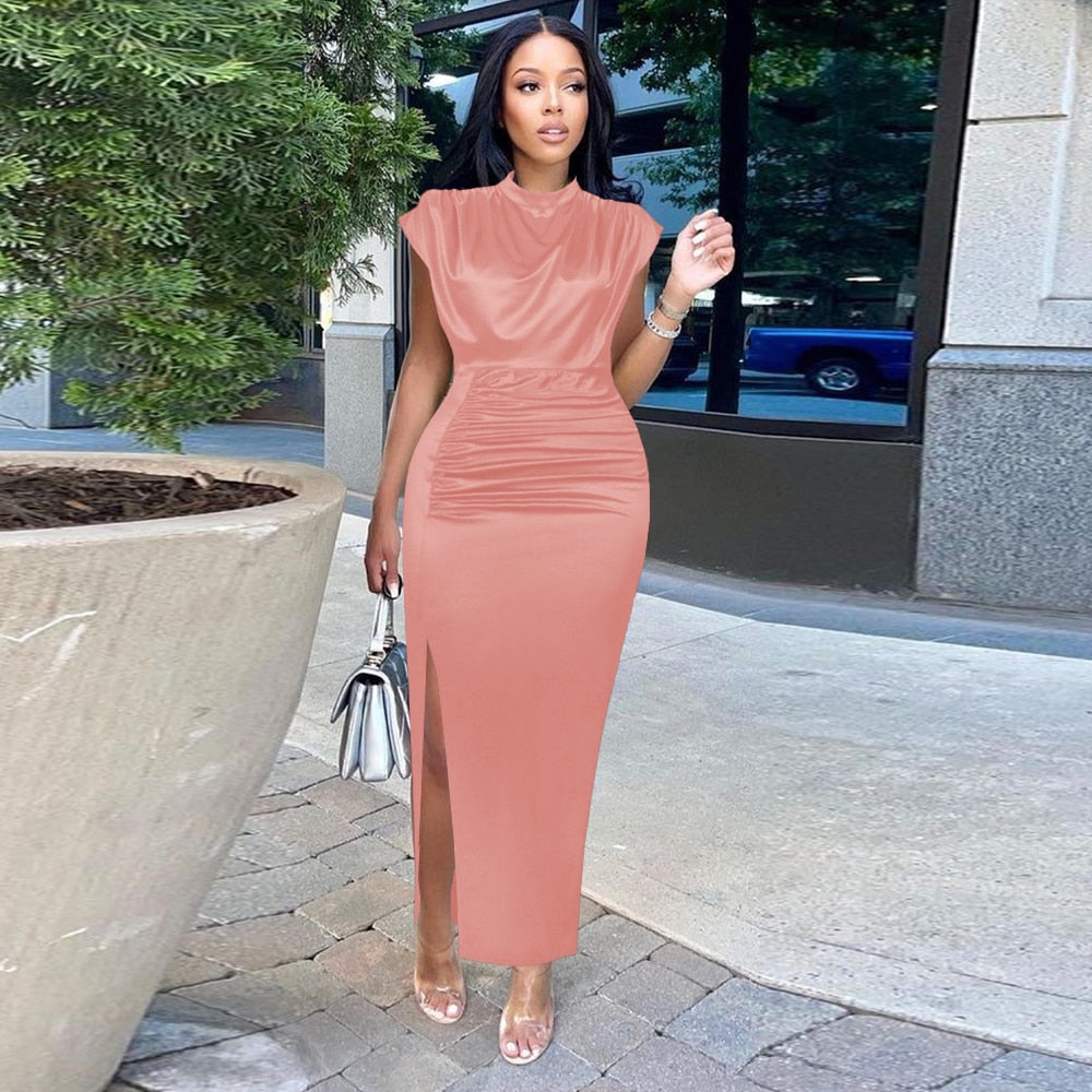 sixsr Women Dress Pleated Long Wine Red Elegant Slit High Collar Slim Fit Sleeveless Maxi Robes Female Shiny Gowns Party  Spring