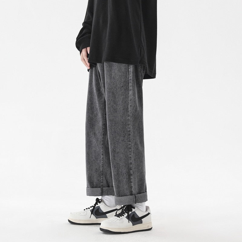 Sixsr 2024 New Korean Fashion Men's Casual Ankle-Length Jeans Classic Man Straight Denim Wide-leg Pants Light Blue Grey Black 3XL