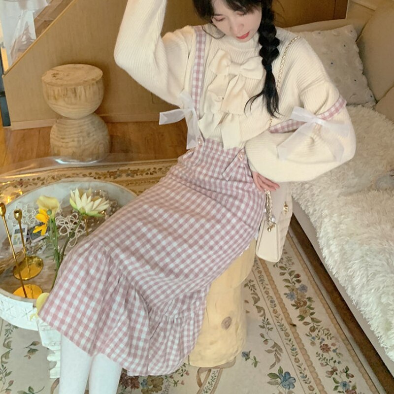 Sixsr Spring Japanese Kawaii Plaid Strap Skirts Women Sweet Bow Designer Party Midi Skirt Female Casual Korean Fashion Cute Skirt