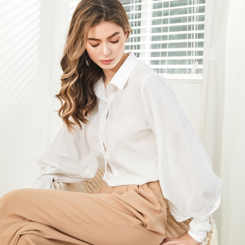 Sixsr Lantern Sleeves Vintage Shirts Women Elegant White Womens Blouse with Lush Sleeves Fashion Button Up Shirt Black