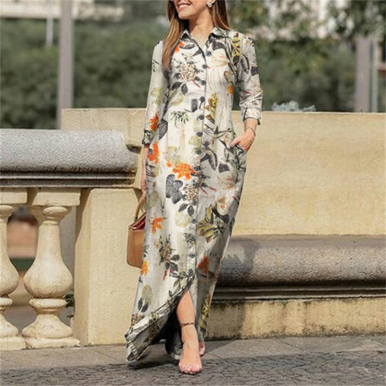sixsr Fall Outfits Autumn Vintage Floral Printed Cotton Dress Women Casual Lapel Collar Button Up Dresses Bohemian Vestidos Long Robe