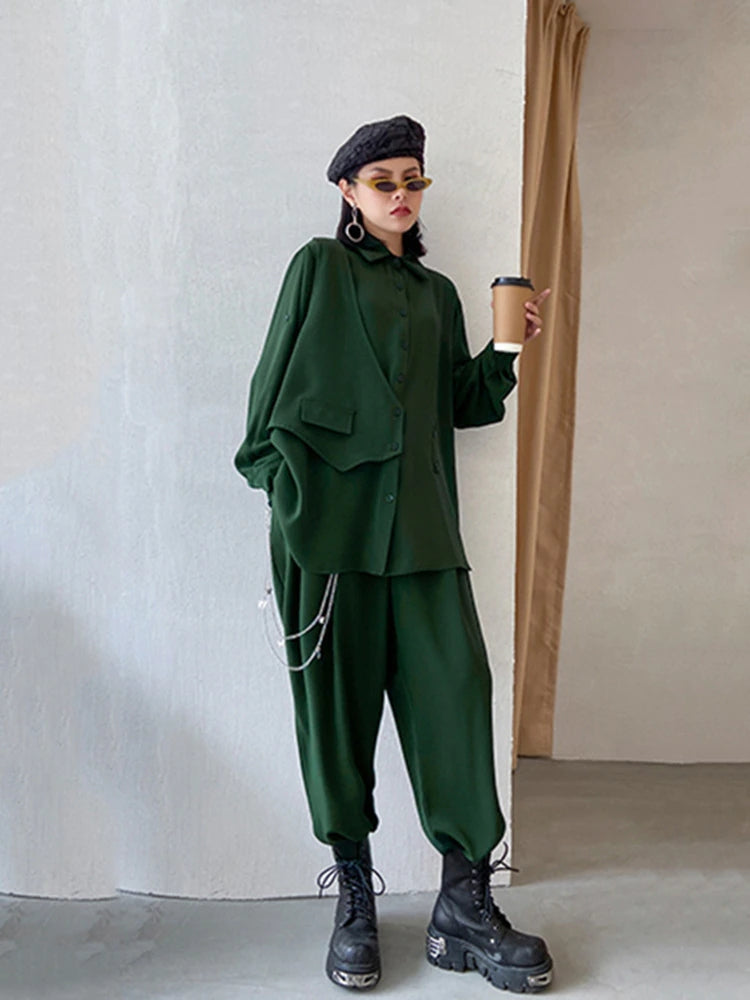 sixsr Wide Leg Pants Irregular Big Size Two Piece Suit New Lapel Long Sleeve Loose Fit Women Fashion Spring Autumn