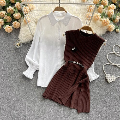Sixsr Spring Outfits Women Sleeve White Shirt Fashion Two Piece Suit Red Cotton Sweater Vest Lady Casual Preppy Style White Belt