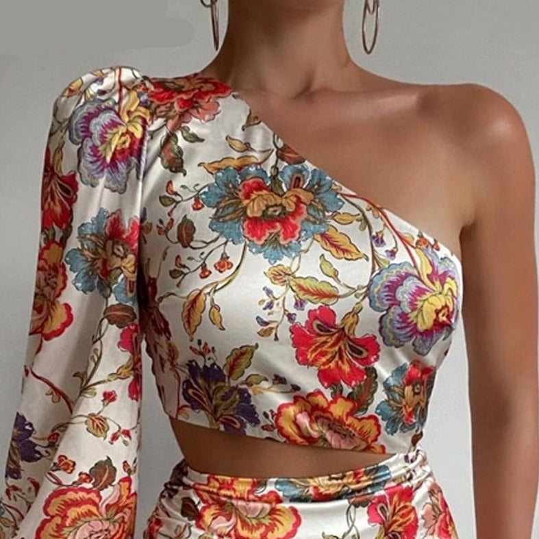 sixsr Women Chic One Shoulder Long Puff Sleeves Crop Top Floral Print Party Bodycon Mini Skirt Set