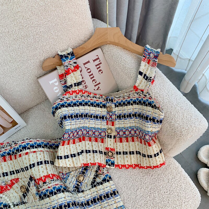 Summer Elegant Sexy Tweed Stripe 2 Piece Set Women Short Vest Crop Top + A-line Skirt Vintage Two Piece Skirt Set Outfits