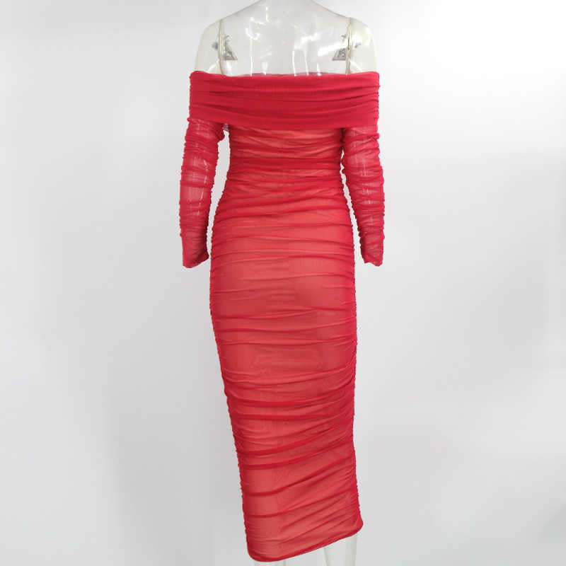 Sixsr Trends high quality Off Shoulder Ruched Double Layer Mesh Dress Women Long Sleeve Sexy Dresses Ladies Autumn Party Long Christmas Dress