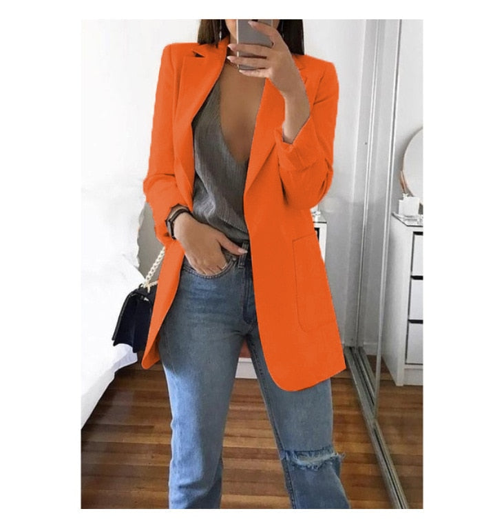 Fashion Korean Casual Women's Blazer Spring Autumn Long Blazer Women Suit Outwear Slim Coats Office Ladies Blazer Work Jacket