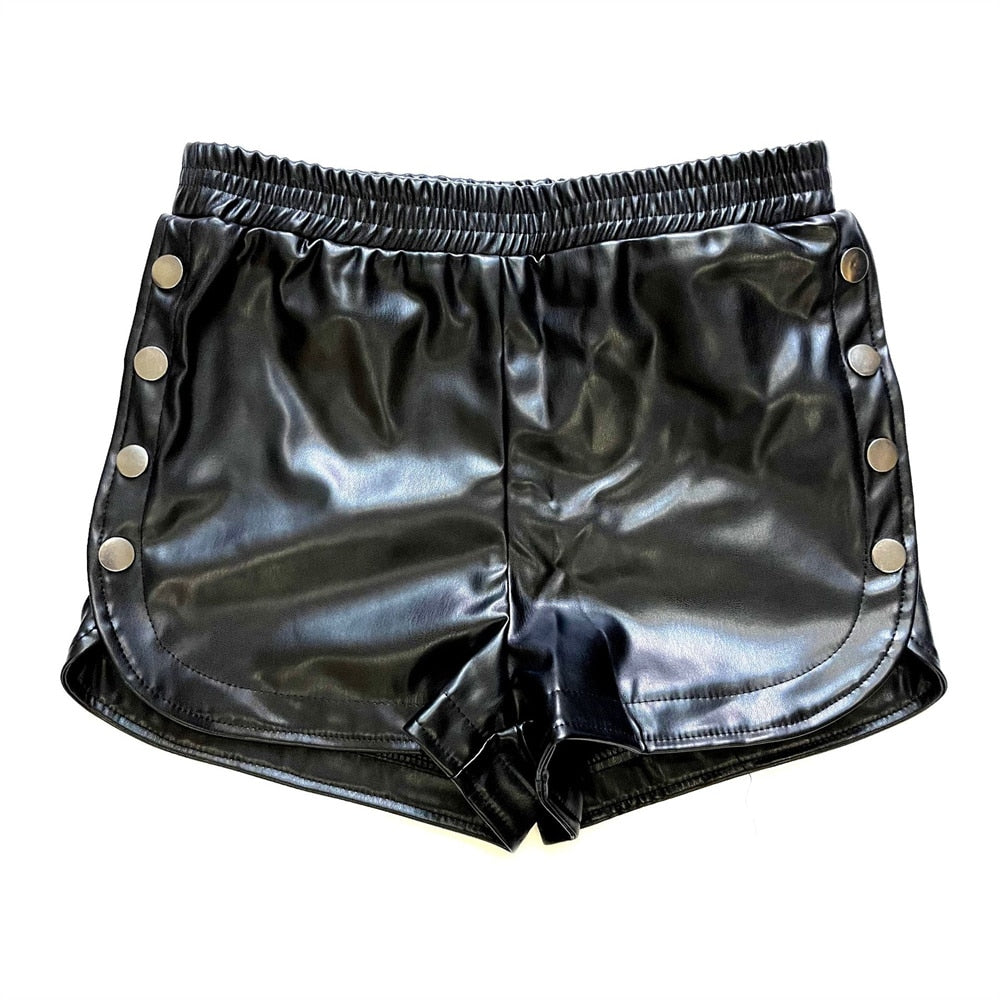 Sexy Side Buttons Women Black Ultra Pu Leather Shorts Women's Summer High Waist Split Solid Bottoms Tight Sexy Club Shorts