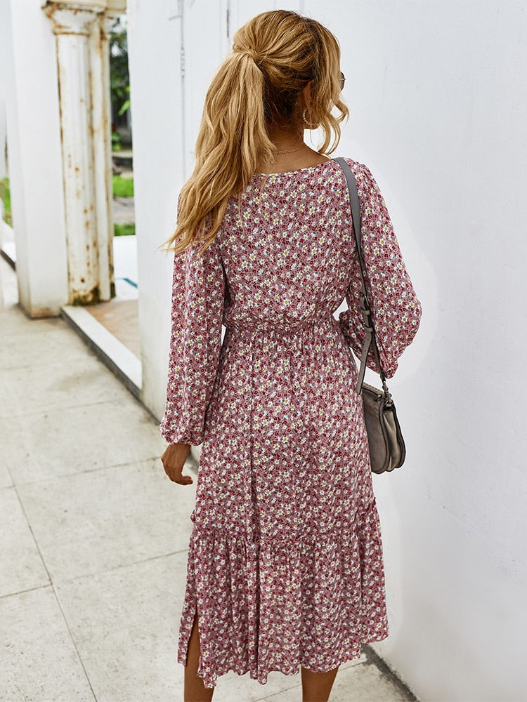 sixsr Women Long Dress Autumn Winter Long Sleeve Elegant Ladies Flower Square Collar Dresses Party Black Clothes For Woman