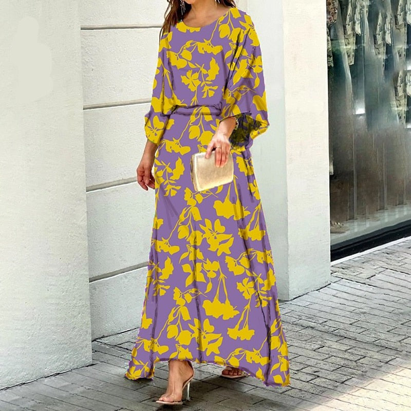 Women Two Piece Set Crew Neck Print Long Lantern Sleeve Top Elegant Dress High Streetwear Casual Beach Suit