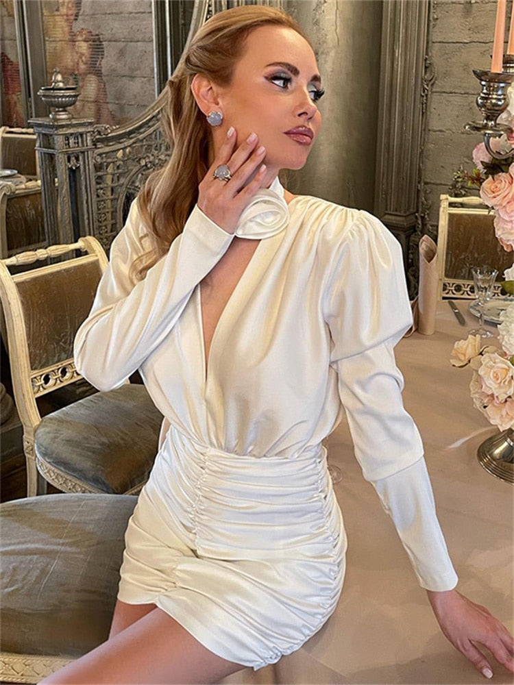 sixsr Womens Fall Fashion Satin Ruched Deep V Neck Long Sleeve Mini Bodycon Dress Women Autumn Winter Elegant Sexy Party Dresses