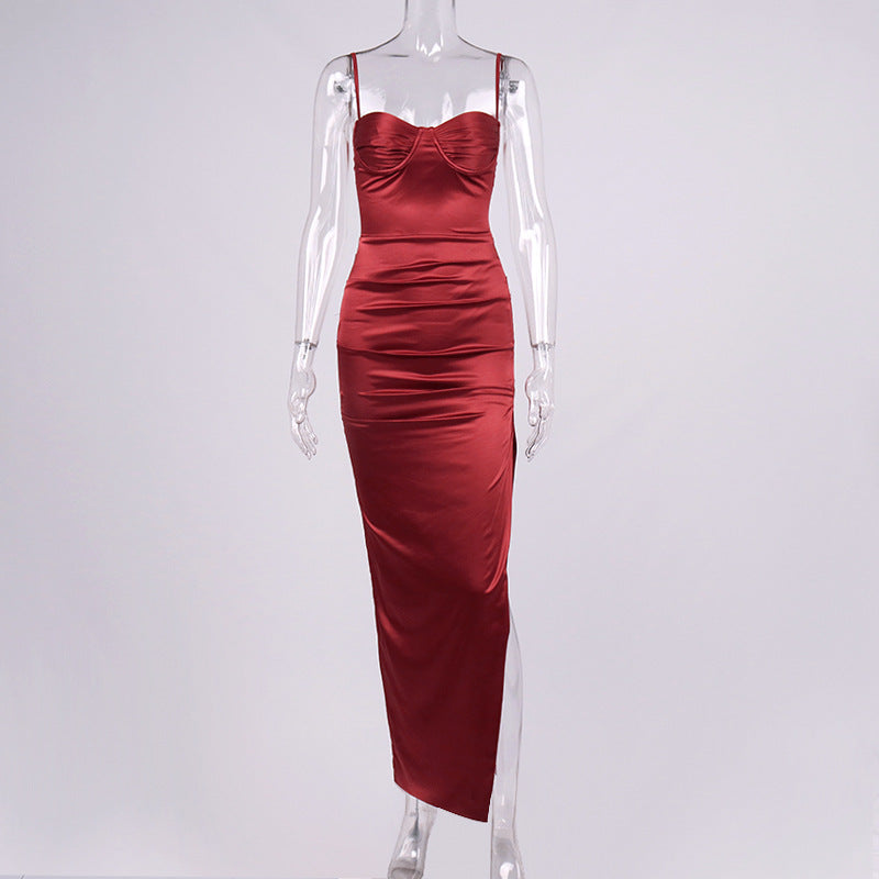 sixsr High Side Split Satin Dresses Women Spring Sexy Sleeveless Backless Party Outfit Solid Bodycon Black Evening Dress