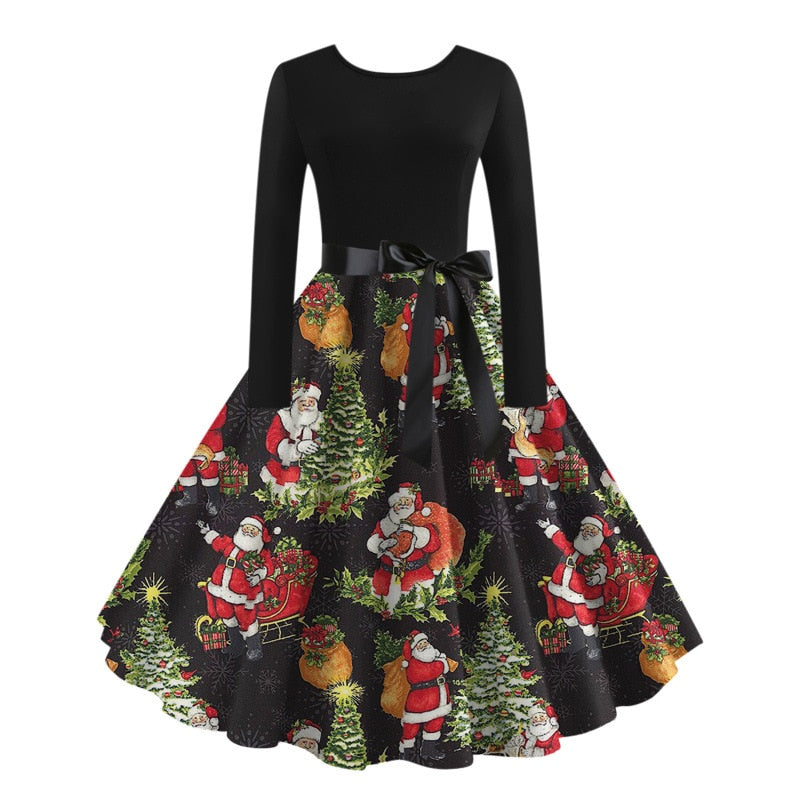 Christmas Halloween Costumes Retro Positioning Print Party Casual Long Sleeve Round Neck Swing Dress