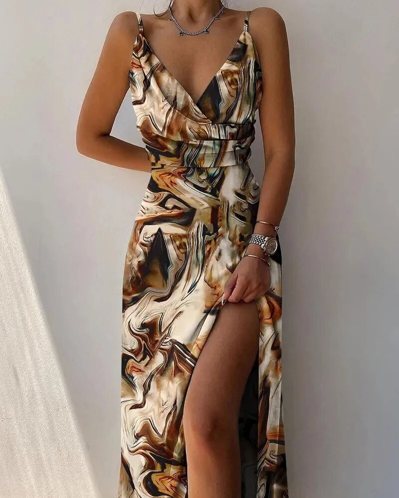 sixsr Trends Women Tropical Print Halter Maxi Dress Summer Vacation Sleeveless Sexy camisole Large swing Dress Casual Floral
