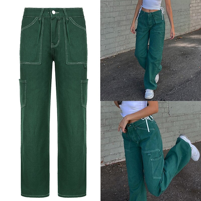Sixsr Women Spring Fashion Multi Pockets White Cargo Pants Women Adjustable Low Waist Baggy Wide Leg Jeans Oversized Casual Trousers Retro Bottoms Iamhotty