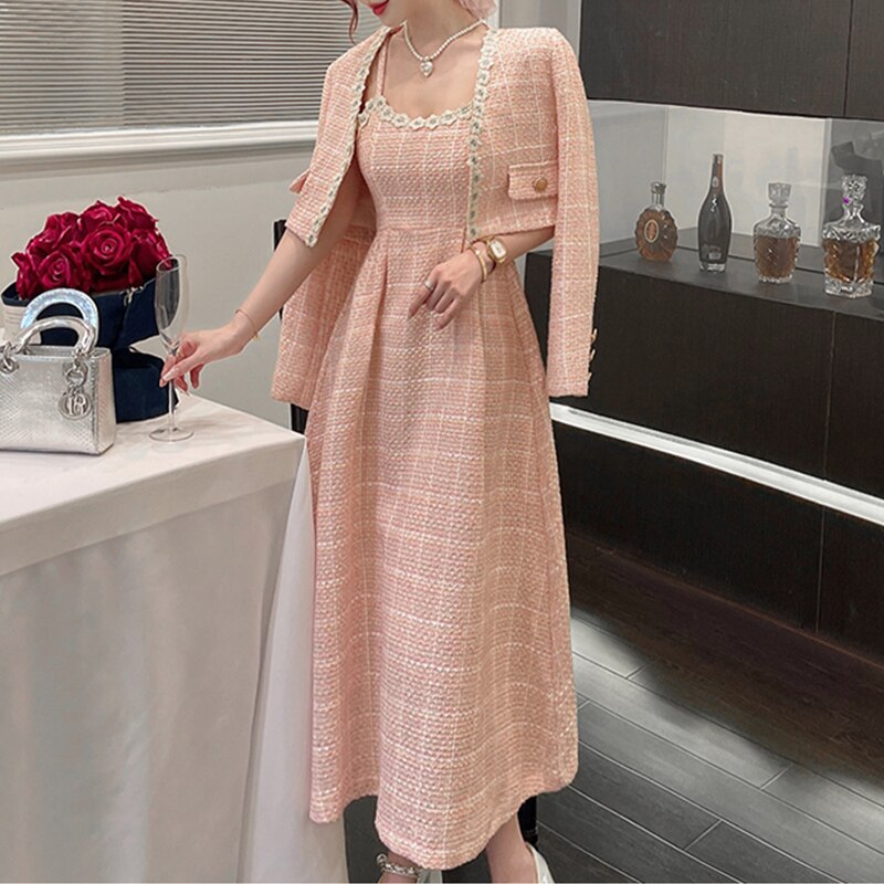 Pink Plaid Tweed Jacket + Strapped Dress Women Vintage Winter Elegant Party Woolen 2 Piece Sets Ladies Autumn Dress Sets