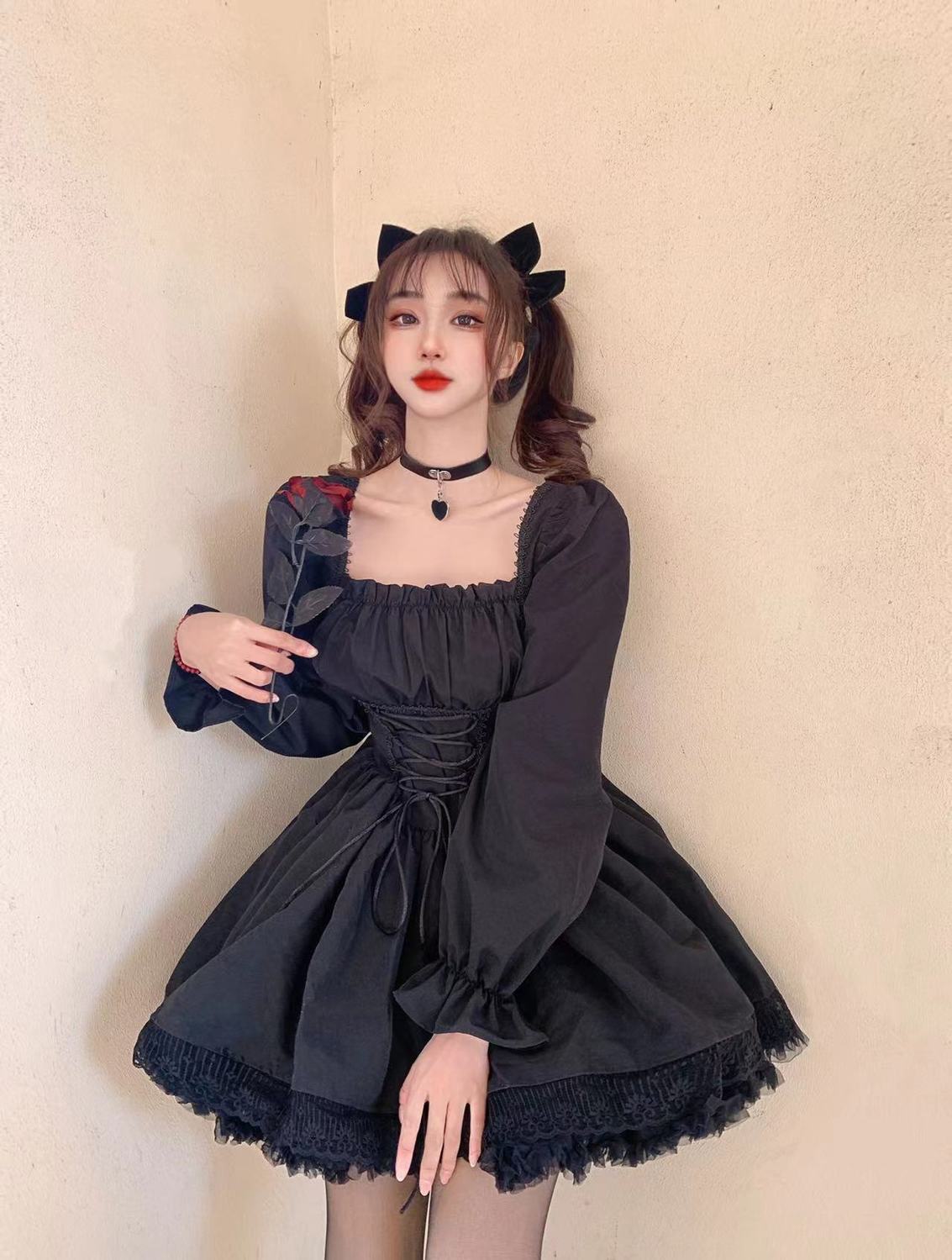 sixsr Womens New Trends White Lolita Dress Kawaii Vinatge Long Sleeve Mini Dresses Black Gothic Bandage Lace Patchwork Streetwear Square Collar