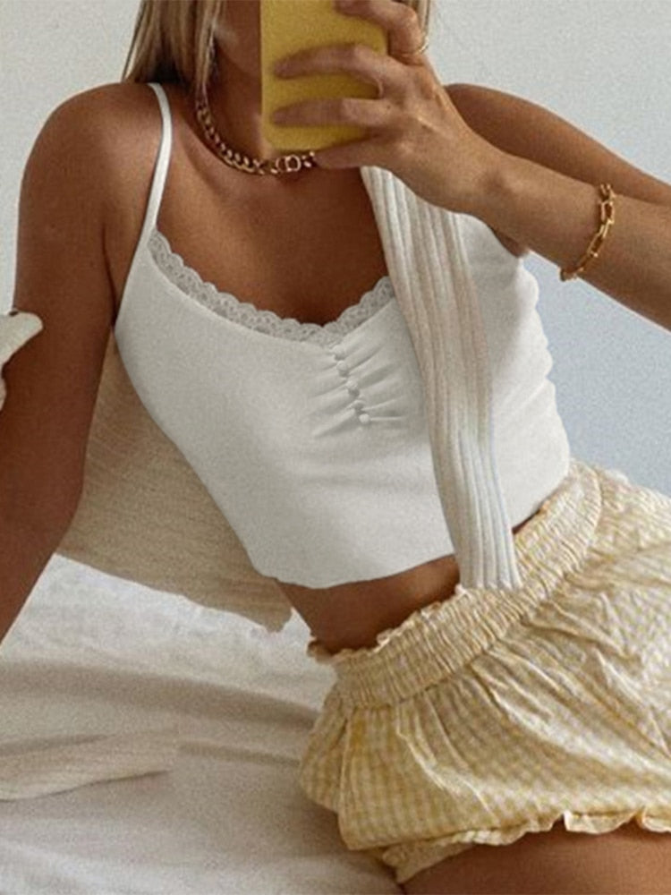 sixsr Womens Fashion Streetwear Lace Patchwork Summer White Tank Top Women Home Y2K Fashion Leisure Outfit Basic Casual Crop Tops Kawaii Clothes