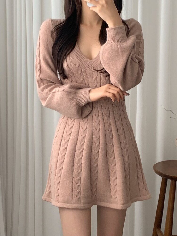 Long Sleeve Elegant Pink Mini Knit Dress Women Autumn Winter Solid Color A-line Puff Sleeve Sweet Short Sweater Dresses