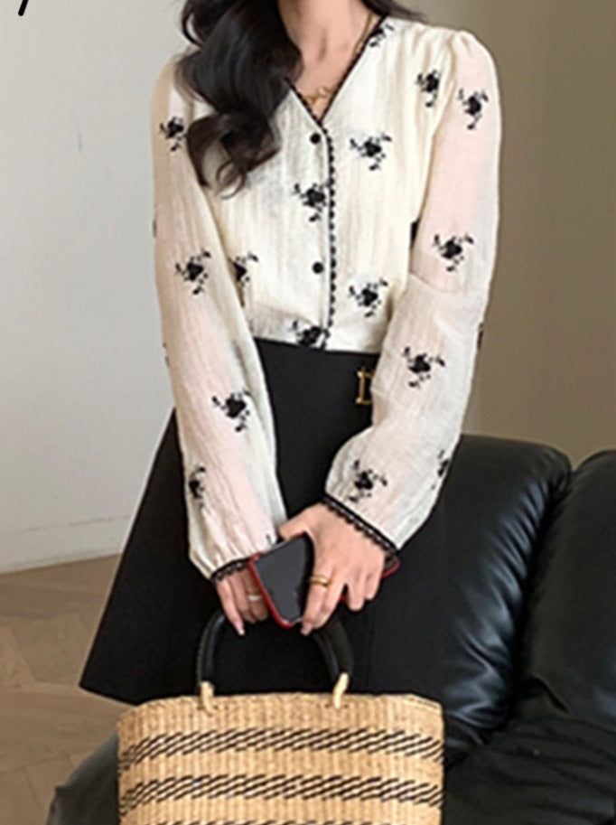 Printed Shirt for Women Spring New Long Sleeve V Neck Vintage Elegant Blouse Fashion Casual Button Up Y2k Top