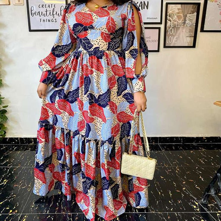 Summer Party Long Maxi Dress Women Long Sleeve Slit Vintage Printed Pleated Bohemian Beach Sundress Casual Vestido