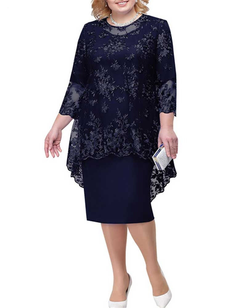 sixsr Women Plus Size Dress O-neck Midi Loose Dress M-5XL Lady Evening Lace Mesh Sexy Elegant Dress Female Clothing Summer Autumn