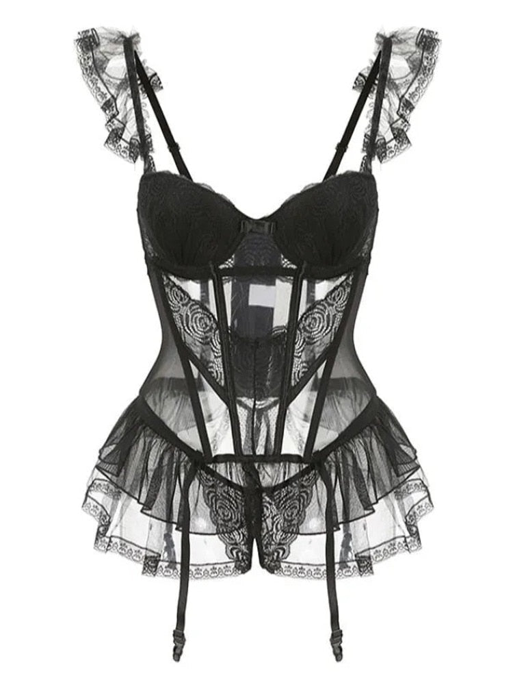 sixsr New YearsEve Dresses For Women Fairy Lace Mesh Sexy Black Mini Tank Summer Beach Dress Elegant Ruffles Tops Autumn Sweet Korean Women CP8L