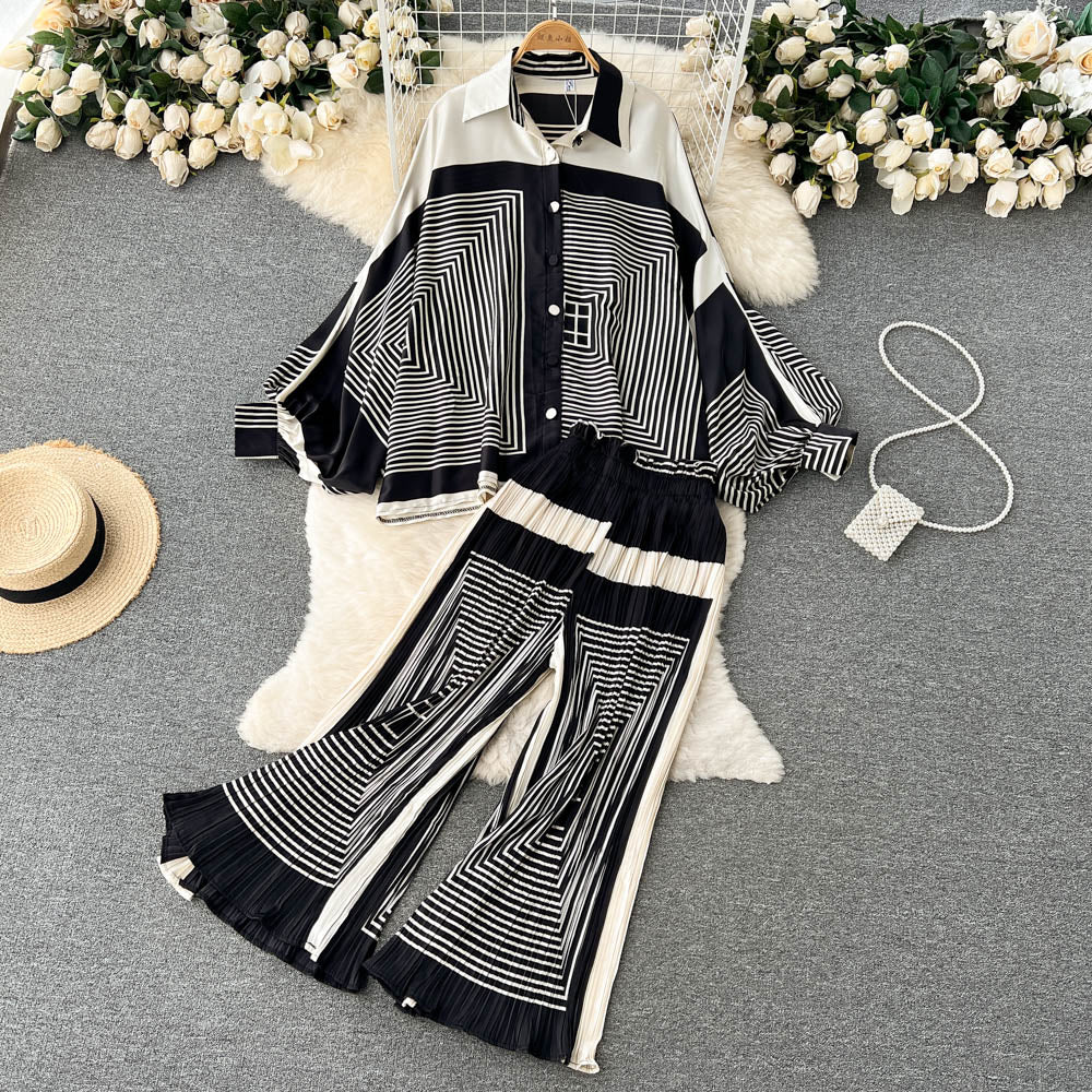 sixsr Women's Dress Spring Retro Print Casual Set Design Batwing Sleeve Single Breasted Blouse+High Waist Long Pants Two Piece Suits