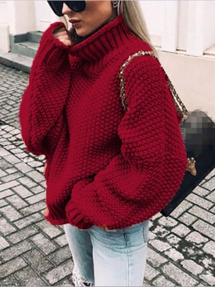 sixsr Womens Fall Fashion Sweater Women Autumn/Winter Turtleneck Doll Sleeve Loose Knit Sweater Fashion Women's Top Sweaters High Quality Thermal