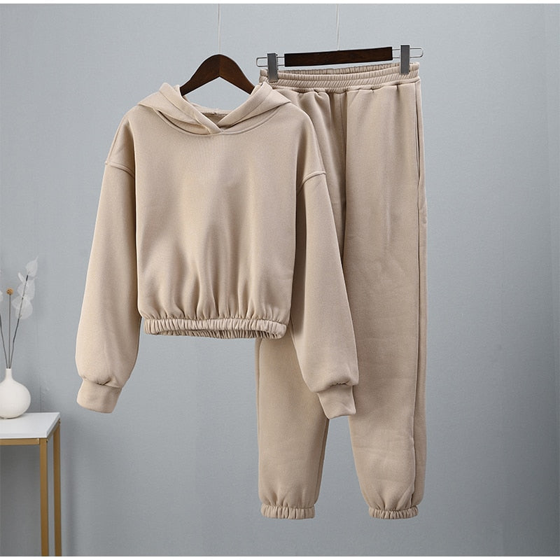 Fashion Casual Fleece Tracksuits Women Solid Warm 2 Piece Set Loose Hoodies And Sweatpants Suit Autumn Winter Sportswear Outfits