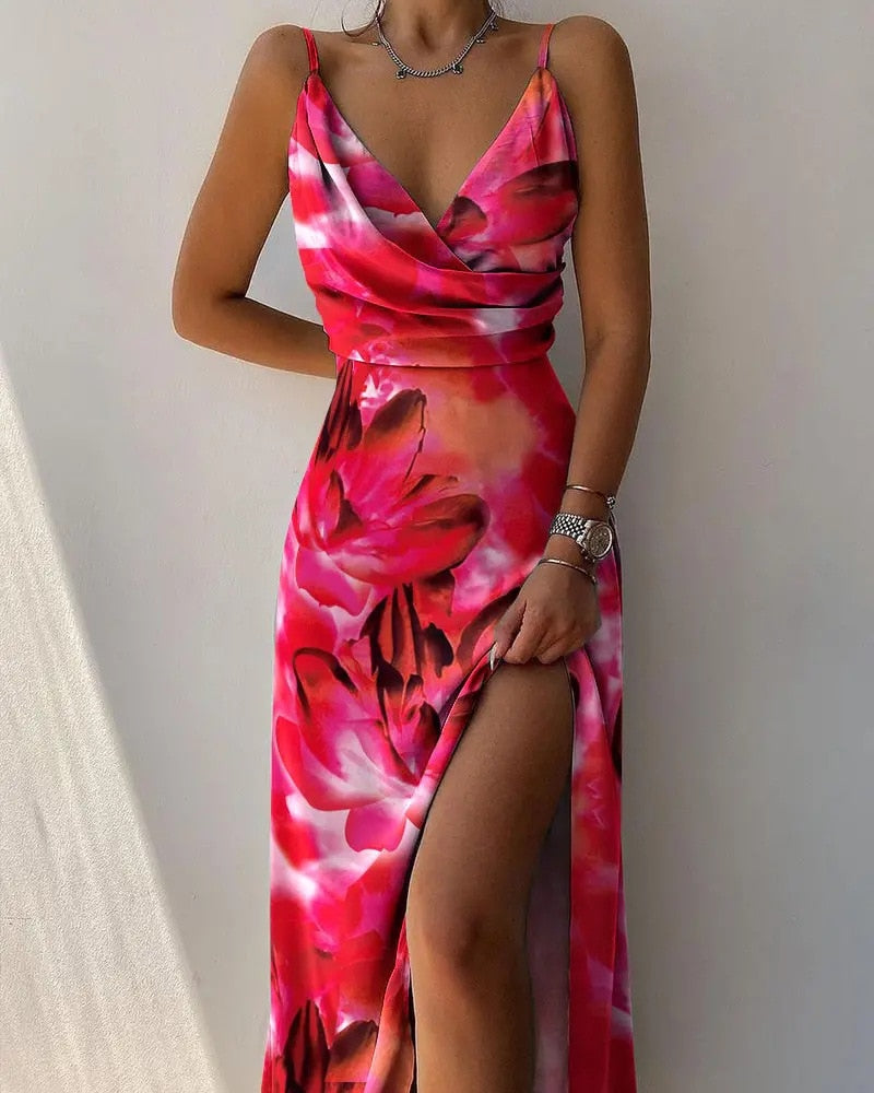 sixsr Trends Women Tropical Print Halter Maxi Dress Summer Vacation Sleeveless Sexy camisole Large swing Dress Casual Floral