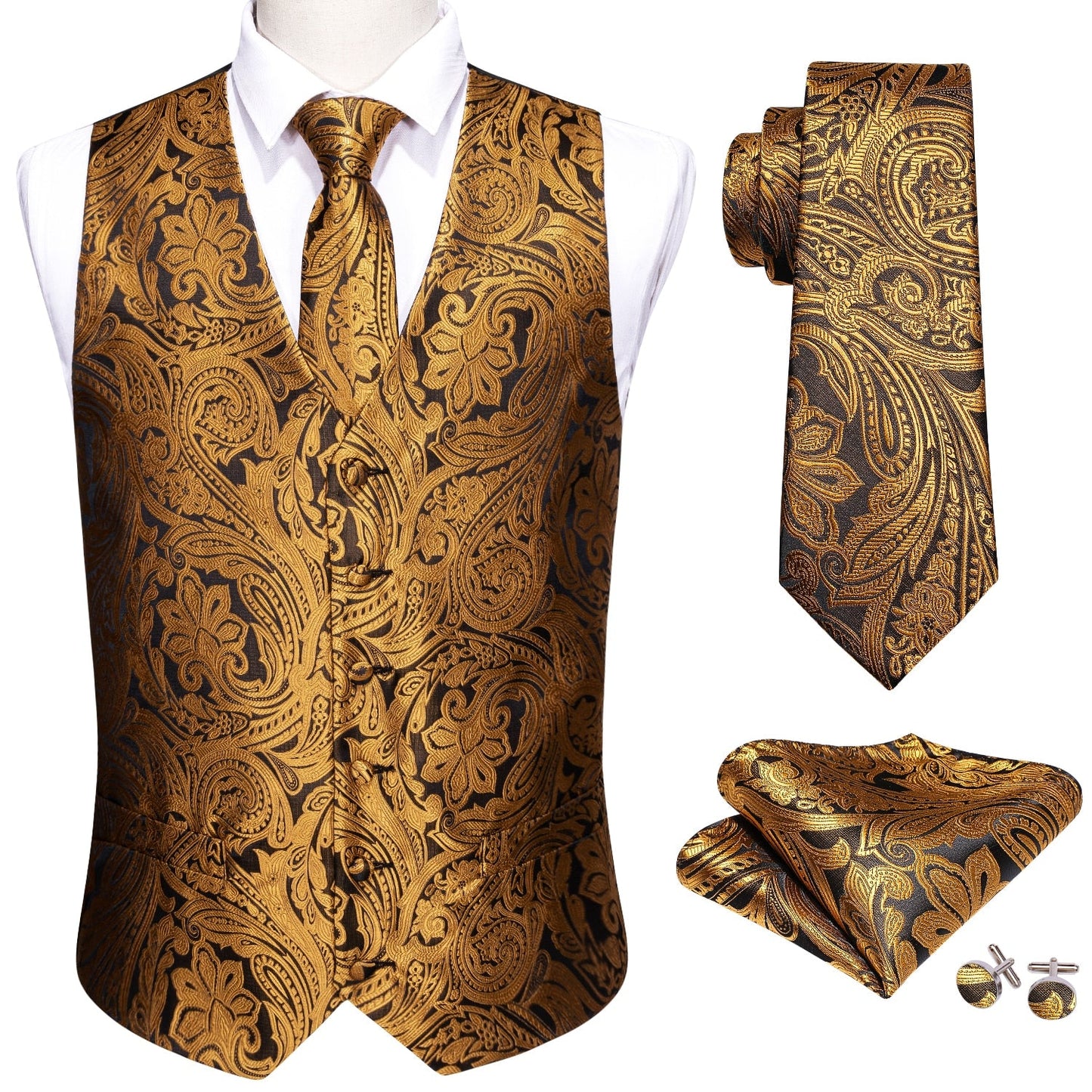 Sixsr 4PC Mens Extra Silk Vest Party Wedding Gold Paisley Solid Floral Waistcoat Vest Pocket Square Tie Suit Set Barry.Wang BM-2017