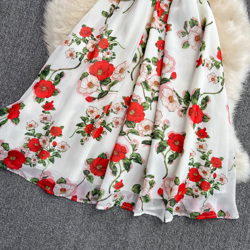 Sixsr Summer Outfits Ladies French Retro V-neck Floral Women Dress Elegant Draped Flowers Short Puff Sleeves Slim Fairy Mid-calf A-line Dress