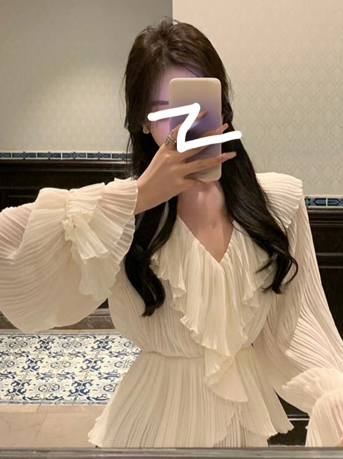 Pure Color French Elegant Dress Woman Long Sleeve Fairy Midi Dress Casual Summer Slim Party One Piece Dress Korean Design