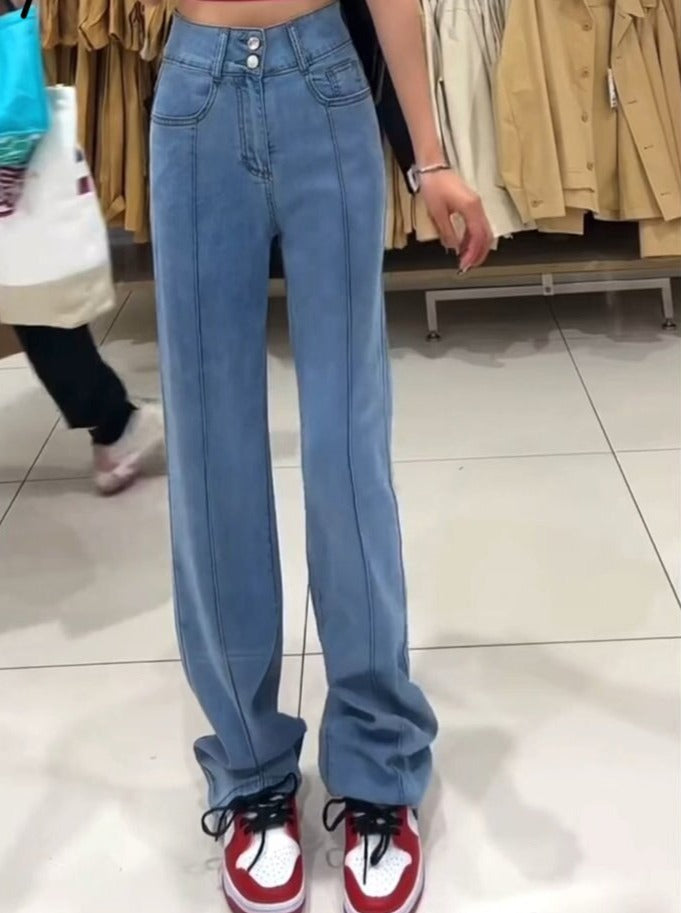 Vintage Jeans for Women New High Waisted Korean Fashion 2 Button Slim Straight Jeans Streetwear Chic Casual Jeans