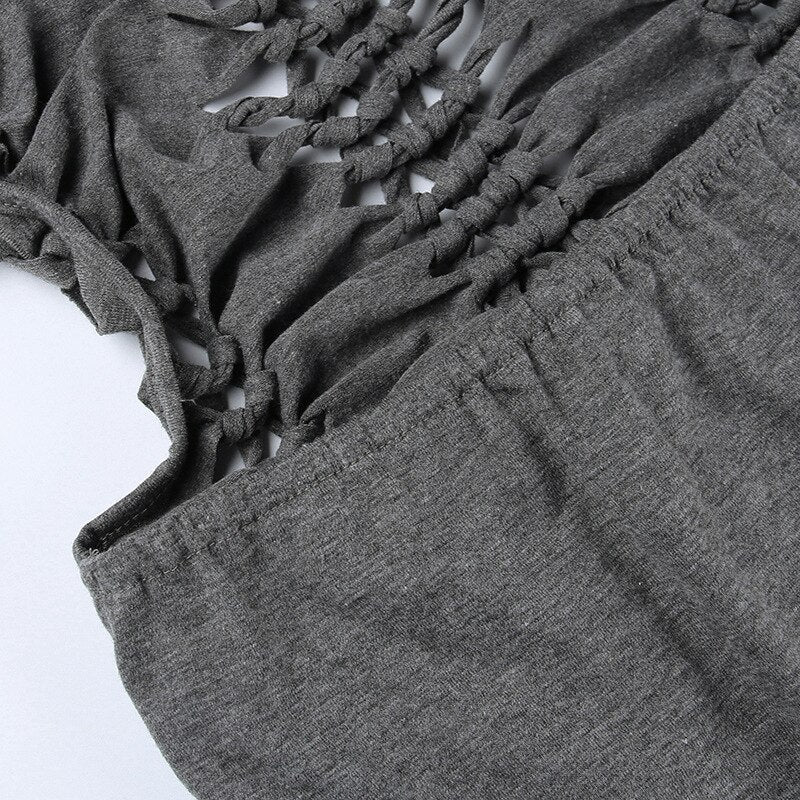 Dark Gray Hollow Out Mini Dress Sexy Drawstring Bandage Backless Summer Dresses for Women Birthday Party Clubwear