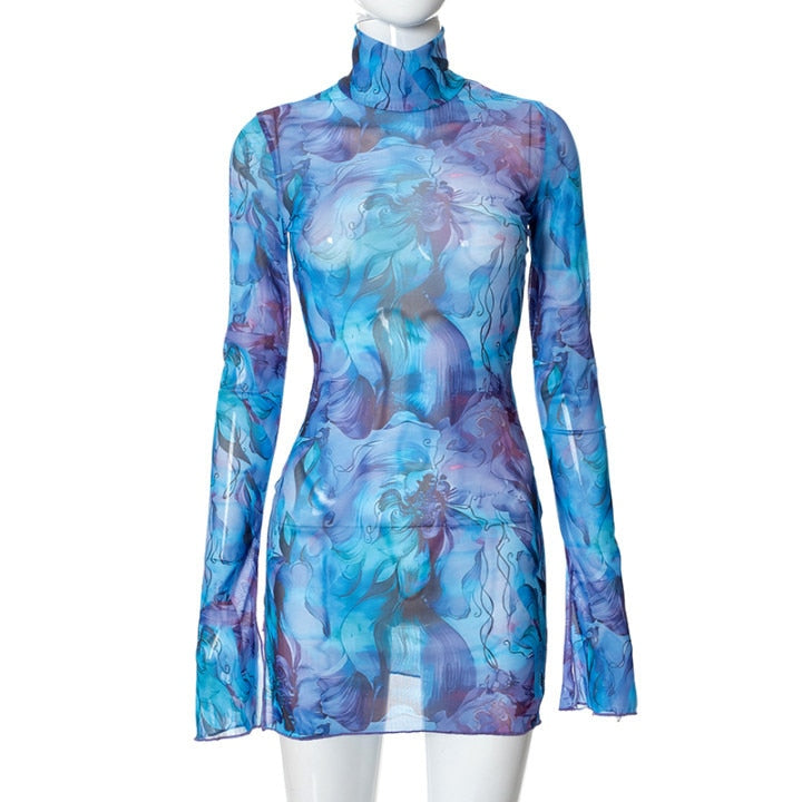 Long Sleeve Printed Tie Dye Bodycon Mini Dress Women Autumn Elegant Party Evening Sexy Fashion Casual Slim Vacation Dresses