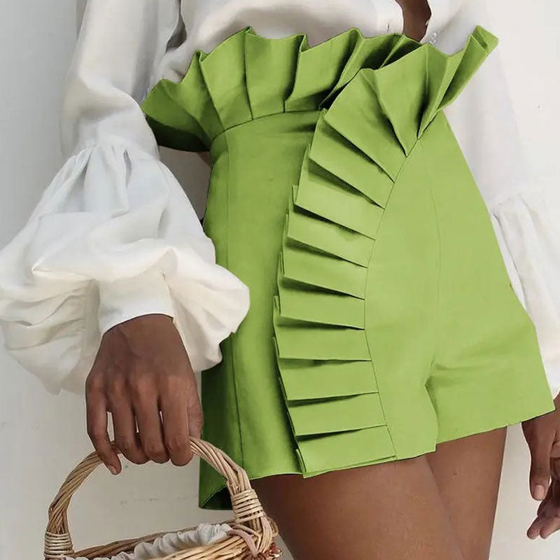 Women's Bottom Ruffle Hem Shorts Pleated High Waist Solid New Fashion Pant Elegant Summer Casual Female Clothing Outfits