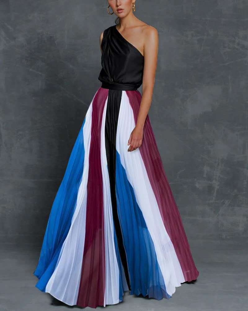 sixsr Summer Black Patchwork Inclined Off One Shoulder Women Dresses Contrast Color High Street Night Club Long Party Dress Clothing